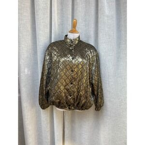 Martha 1980's metallic gold black matelasse diamond shape quilted bomber jacket
